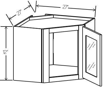 Gray Shaker Diagonal Corner Wall Single Glass Door 27W x 12H x 15D
